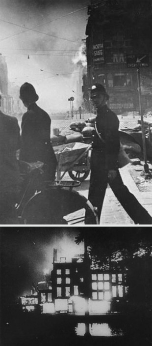 Boven: de Coolsingel ter hoogte van een verdedingsstelling met op de achtergrond brandende huizen aan de Aert van Nesstraat. Onder: brandende gebouwen in de binnenstad.