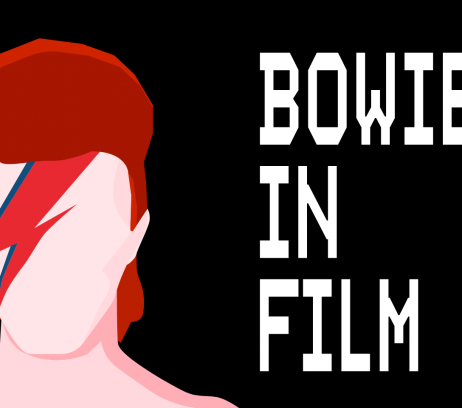 Illustratie van David Bowie links, tekst Bowie in Film rechts