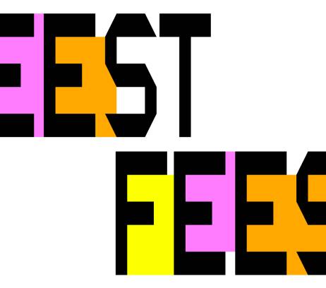 afbeelding met twee keer de tekst feest, feest